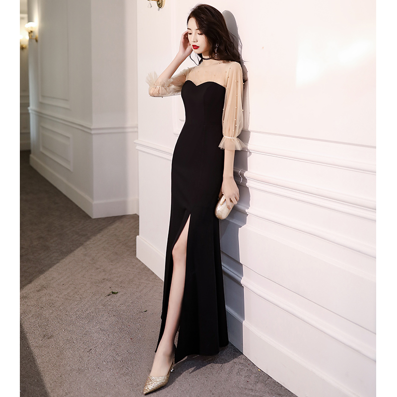 Black small evening dress female 2022 new banquet temperament high-end niche design fishtail long version can be worn at ordinary times