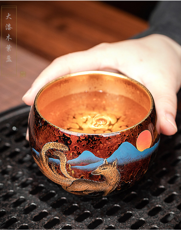 吾和漆器茶具福州大漆手工制作手繪九尾狐主人杯金油滴茶盞茶杯|茶杯