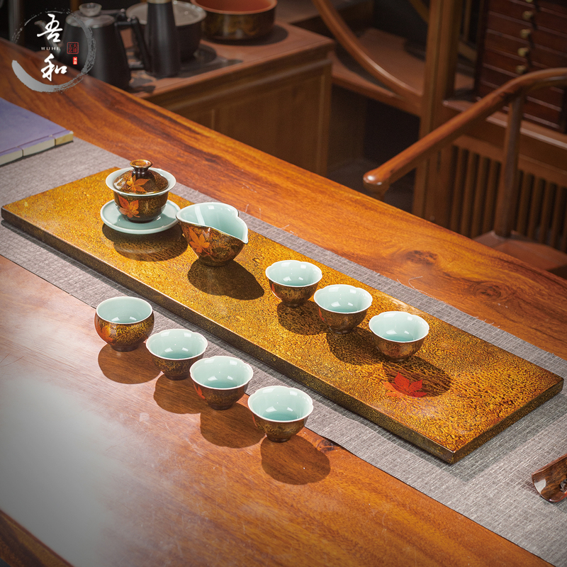 Wuhe Lacquerware Tea Set, Fuzhou Intangible Cultural Heritage, 10-Piece High-End Lacquerware Tea Set, Complete Set, Celadon Electric Wood Tea Table, Souvenir Gift