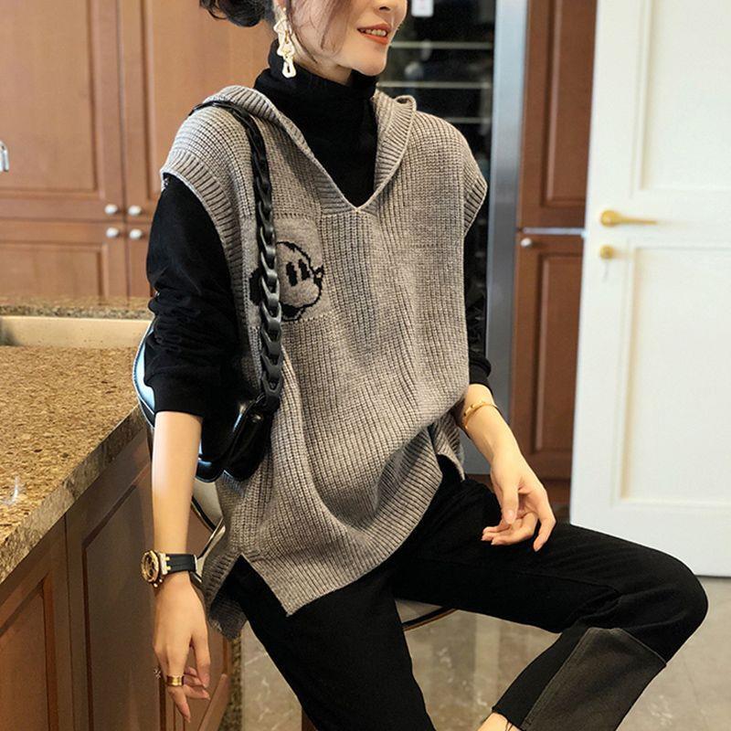 New Mickey Hooded Knitted Vest for Women, Spring and Autumn Sleeveless Vest, Simple Outerwear Knitted Sweater Vest, Trendy New Mickey Hooded Knitted Vest for Women, Spring and Autumn Sleeveless Vest, Simple Outerwear Knitted Sweater Vest, Trendy
