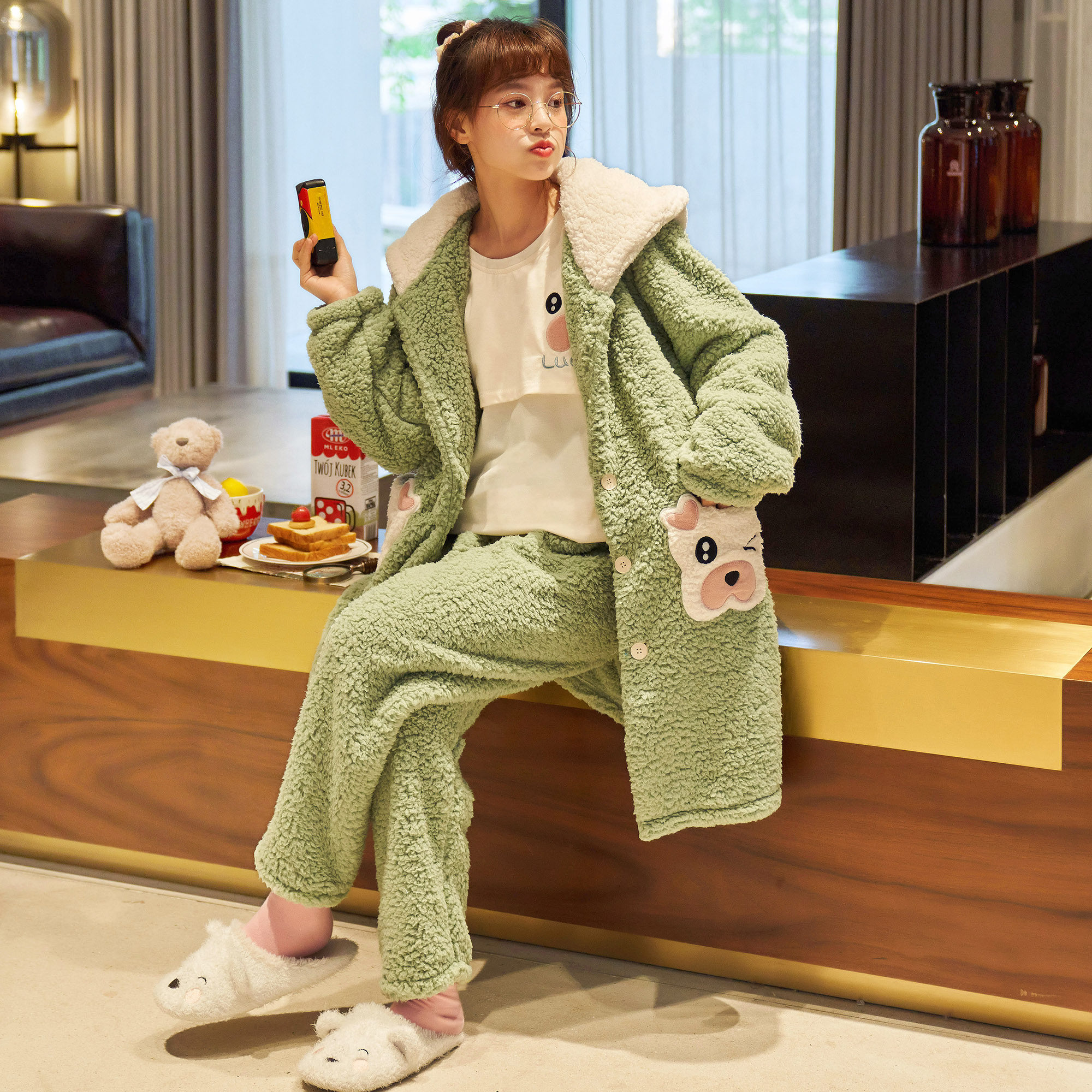 Lunar Subsuit Winter pregnant woman Pyjamas Thickened gush Coral Suede Autumn Winter Paragraph Postpartum Breastfeeding Maternity 3 sets