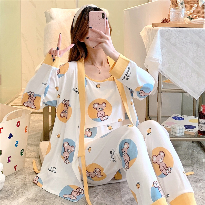 Lunar Subsuit Spring Autumn Postnatal Summer Postnatal Summer pure cotton Home Pregnant Woman Sleepwear Women's Summer Thin and laced with three sets of summer clothes