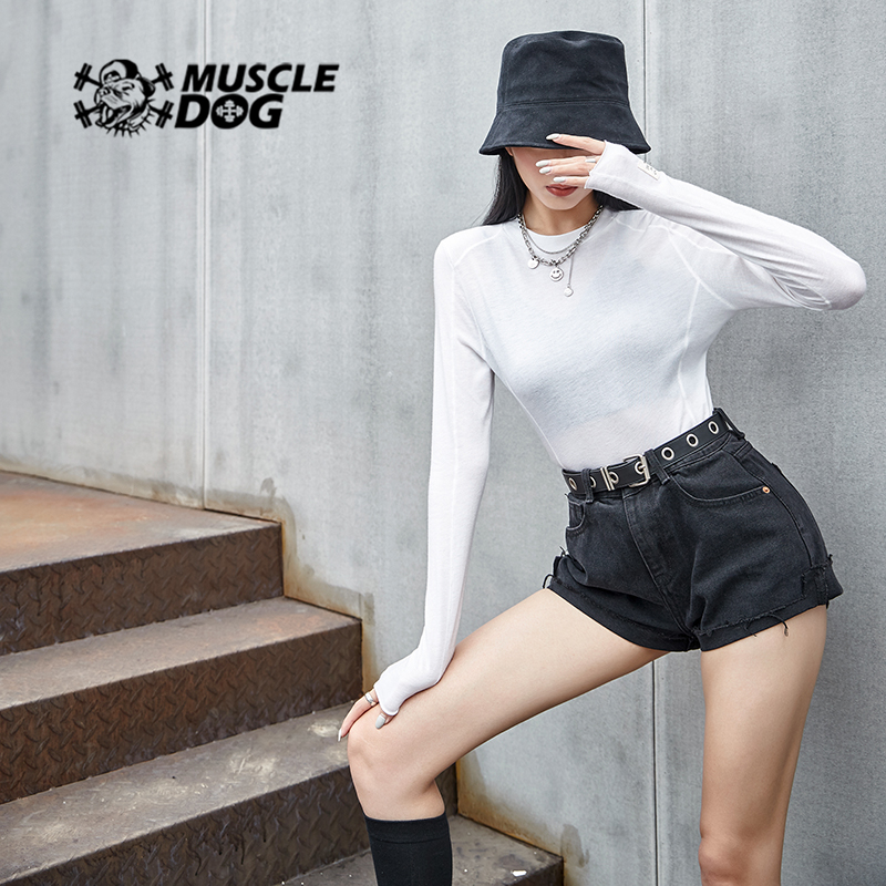 Muscle dog tide brand wild high-neck long-sleeved T-shirt women's 2020 autumn and winter new skinny sports casual knitted top