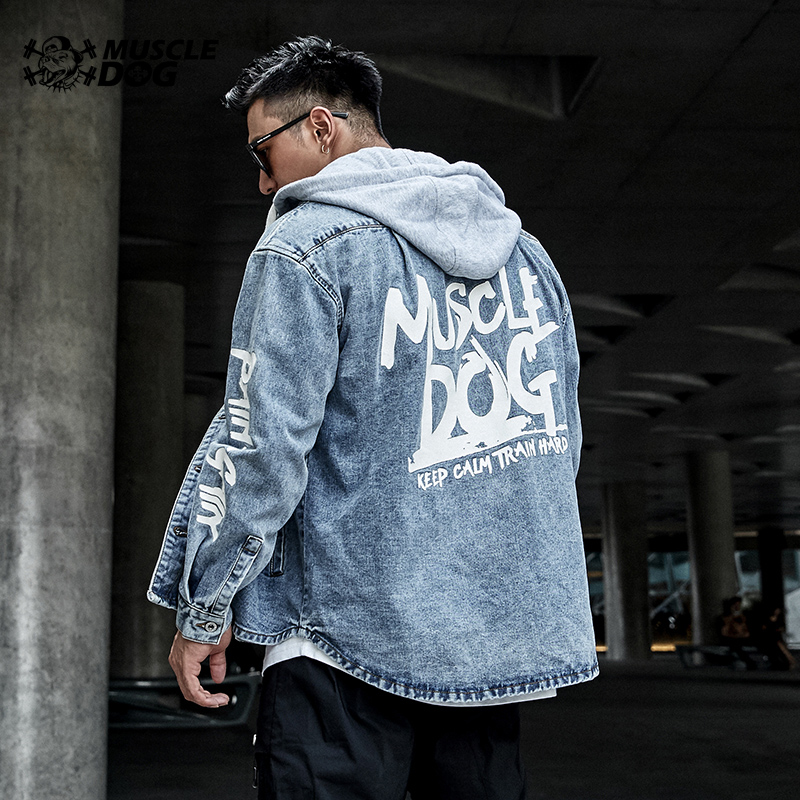 Muscle dog trendy brand denim jacket Printed hooded fitness training casual sports loose jacket jacket men
