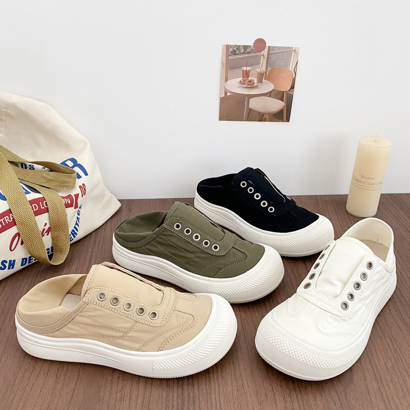 Summer Quick-Drying Breathable Laceless Lazy Canvas Shoes for Women, Can Be Worn with Heels or as Slippers, Thick Soles That Don'T Tire the Feet, Women's Shoes