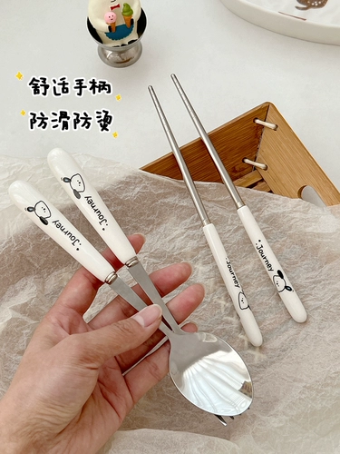 Милые палочки для еды, ложка, комплект, вилка для школьников, посуда из нержавеющей стали, портативная детская коробка для хранения, 3 предмета