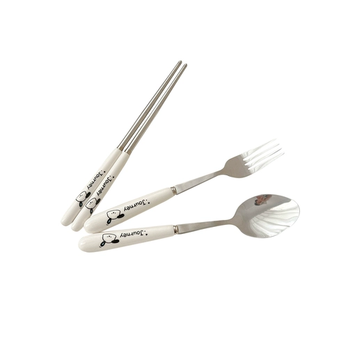 Милые палочки для еды, ложка, комплект, вилка для школьников, посуда из нержавеющей стали, портативная детская коробка для хранения, 3 предмета