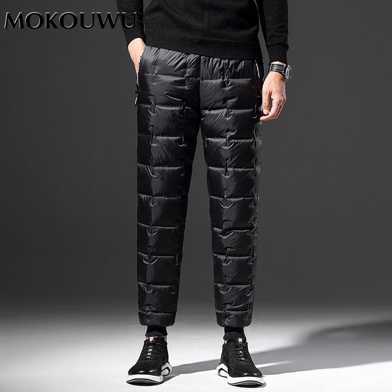 Mengkouwu 2020 winter bright face down pants men thickened straight tube warm high waist slim elastic waist cigarette tube pants tide