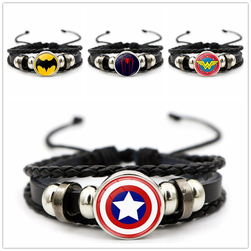 American Hero Flash Batman Wonder Woman Logo Time Gem Leather Bracelet Jewelry