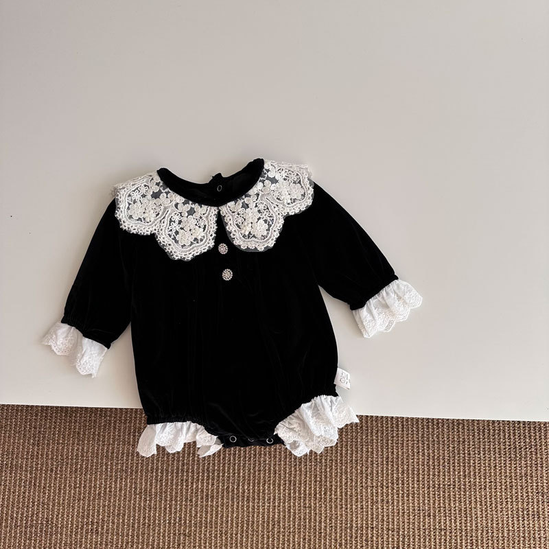 Xixiaomi French Retro Spring and Autumn Baby Velvet Romper for Girls with Lace Collar, 100-Day Celebration Outfit
