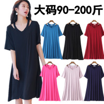 Spring and summer V collar modal belly cover dress womens large code 200kg fat mm thin base short sleeve Medium-length dress