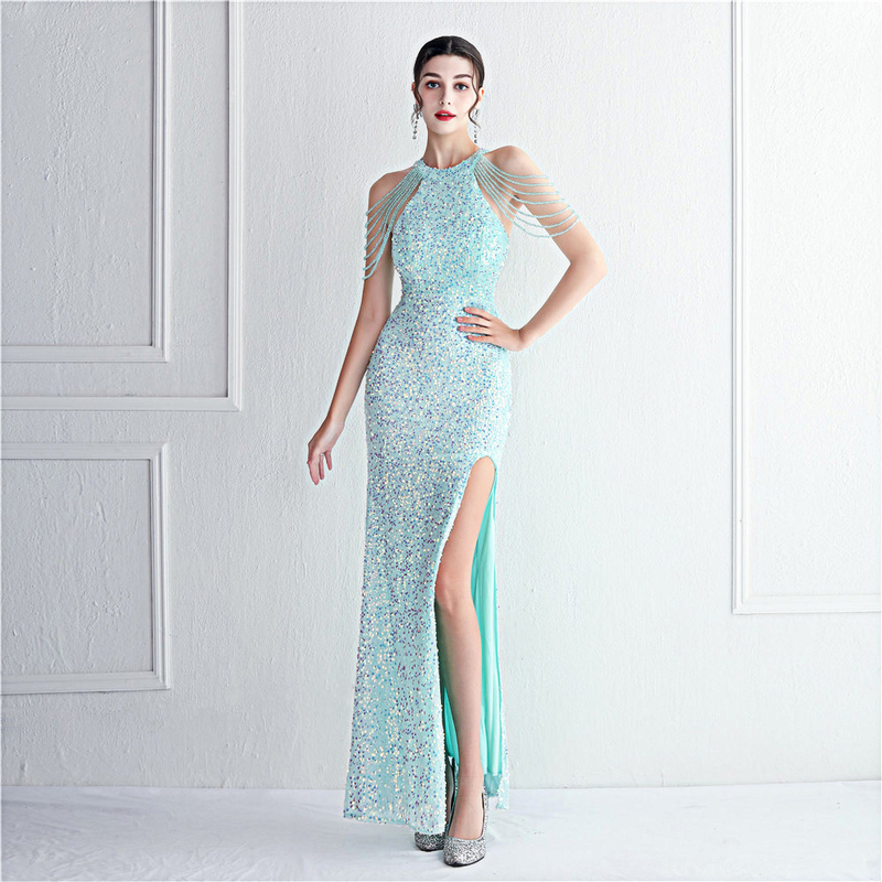 Heavy-Duty Evening Dress for Women, Elegant, Slim-Fitting, Noble, Classy, Long Slit Sequin Dress