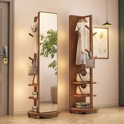 Solid Wood Clothes Rack, Bedroom Floor-Standing Coat Rack, Dressing Mirror, Integrated Living Room, For Home to Movable Multi-Functional Storage Racks
