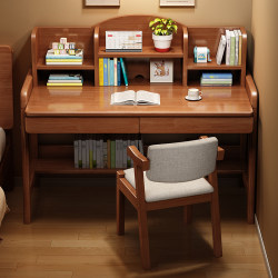 Solid Wood Children's Study Table and Bookshelf Integrated Home Bedroom Liftable Writing Desk and Chair Set for Primary and Secondary School Students