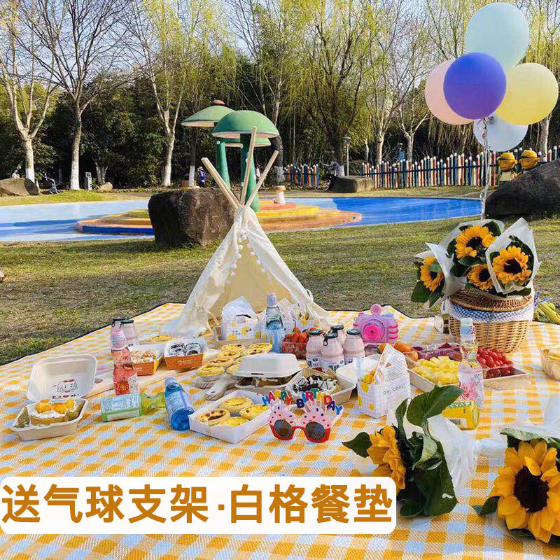 Yellow and white plaid picnic mat ins wind outdoor moisture-proof mat picnic mat can be machine washed thickened picnic mat