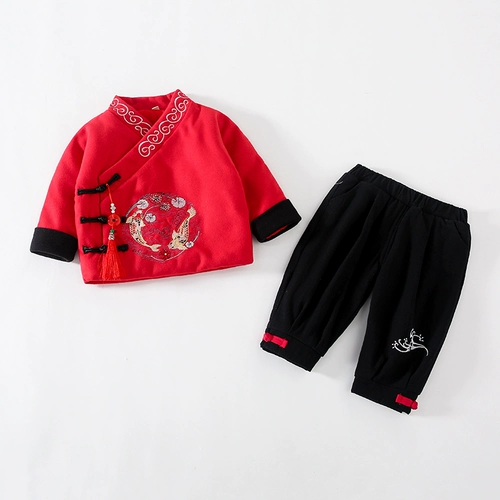 Детский демисезонный пуховик, детская куртка, штаны, ханьфу, комплект, осенний сезон, 1-3 лет, китайский стиль