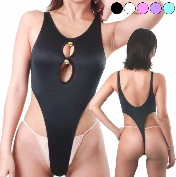 Japan La-Pomme Sexy thong one-piece swimsuit Open chest Solid color swimsuit Sleeveless high fork tights