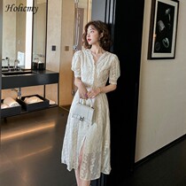 HOLICMY Spring Autumn V-neck Elegant Lace Dress Women's Super Immortal Forest Tie Knee-Length Skirt Lightly Sophisticated Style Skirt