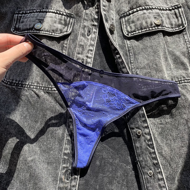 Underwear Women Outlet Hollowed-out Nets Sexy summer ultra-thin Tiny pants European and American fishing Department Outer single tback lace Tiny pants black