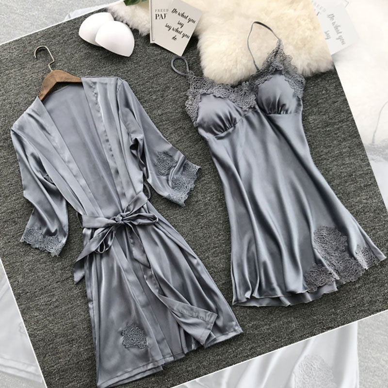 Sexy pajamas female summer two-piece Hot Ice Silk adult nightgown with chest pad gathering lace thin sexy dressing gown