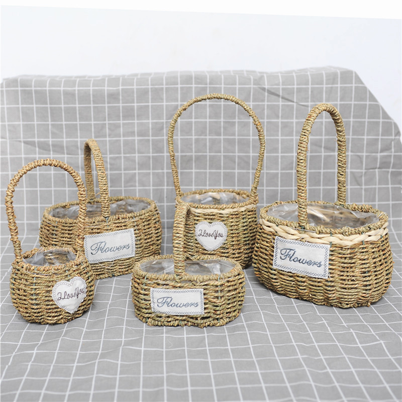 Flower Basket Rattan Portable Flower Arrangement Grass Weaving Bamboo Weaving Flower Pot Creative Pastoral Handwoven Green Radish Living Room Decoration Ornament