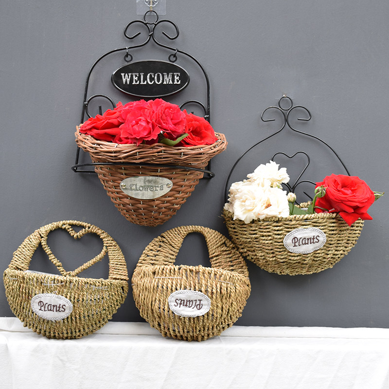 Flower basket Wall hanging grass woven wicker Pastoral hand Rattan hanging basket Wall wall decoration Flower pot Dried flower arrangement woven