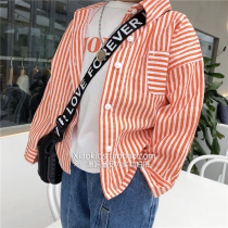 Childrens shirt mens Korean spring and autumn thin section Western style boys and girls shirt striped cotton long-sleeved fashionable new