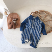 Childrens denim one-piece men and womens 2020 autumn new Western style baby striped long-sleeved denim one-piece tide