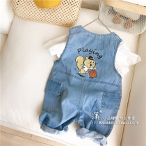 Cute baby battle suit~2021 spring and summer thin childrens one-piece denim bib baby soft one-piece trendy pants