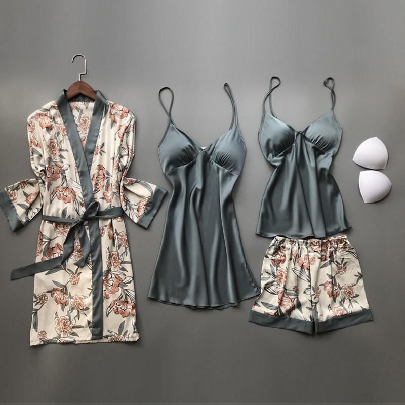 2020 Spring Autumn Women Silk Pajamas Sets With Chest Pads