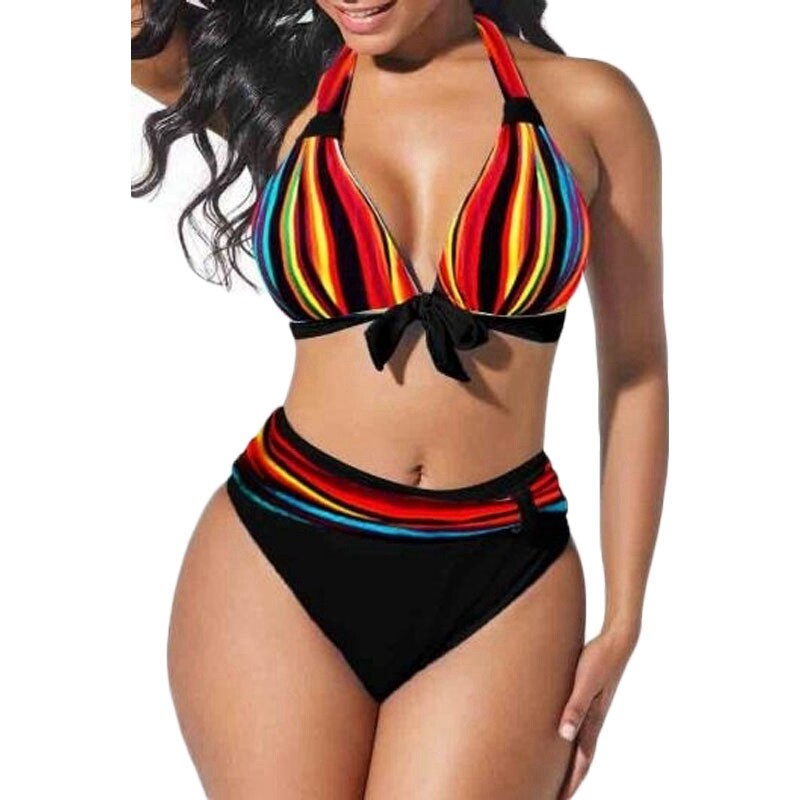S-5XL Plus Size Neon Striped Bikini Set Push Up Women High W