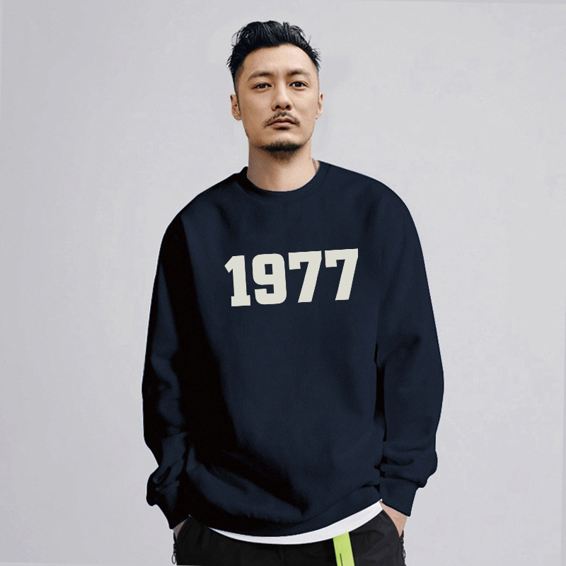 Round Neck Sweatshirt for Men, New Autumn Style, American Trendy Brand 1977, Couple's Outfit, Loose Fit, Fleece-Lined, Heavyweight Men's Top