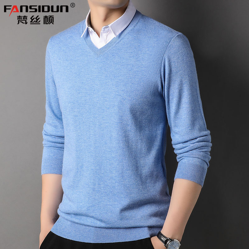 Men's Fake Two-Piece Pure Wool Sweater Two-In-One Shirt Collar Knit Base Shirt Spring and Autumn Thin Style with Fake Collar Sweater