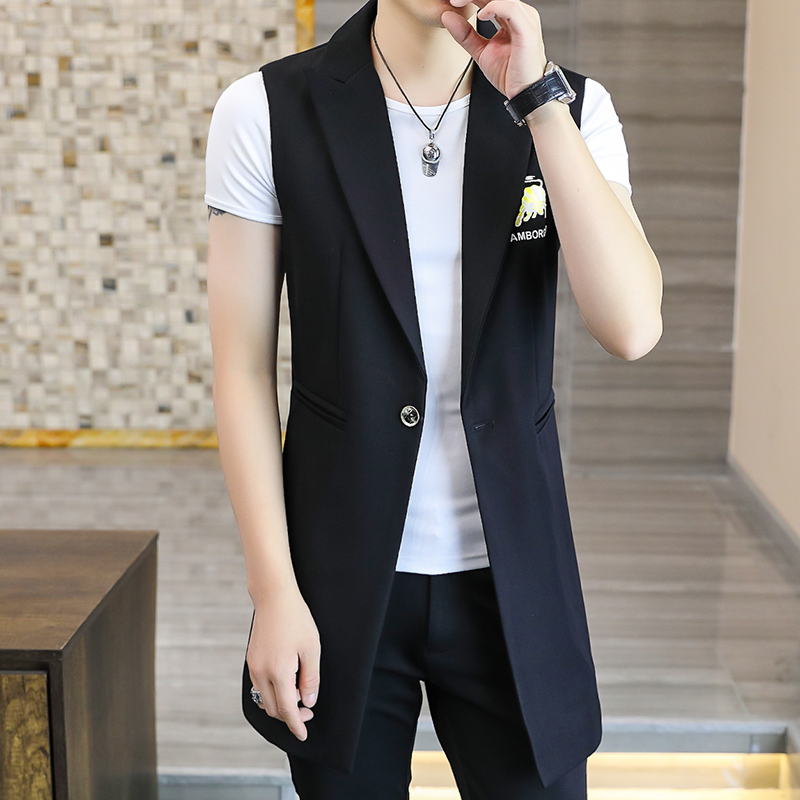 Notched Lapel Sleeveless Blazer Men's Stylish Suit Mid-Length Trench Coat Vest Barber Men's Jacket