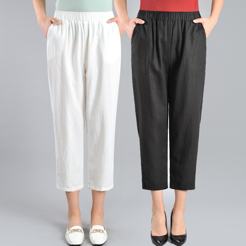 Older Nine-Different Pants Summer Thin Mom Pants Relax Large Size Grandma Pants Linen Leisure Pants