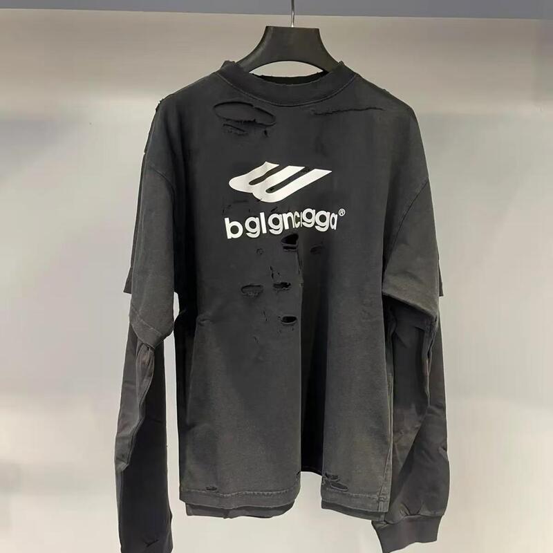 [280g] Paris Trendy Brand New 3B Letter Print Fake Two-Piece Ripped Loose Long-Sleeved T-Shirt for Men and Women