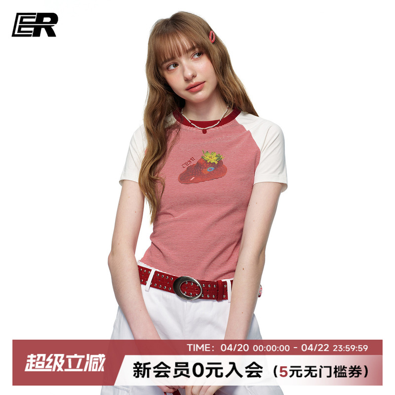 Er Color-Blocked American Retro Y2K Short-Sleeve T-Shirt for Women with Strawberry Print, Sweet and Spicy Slim-Fit Crop Top