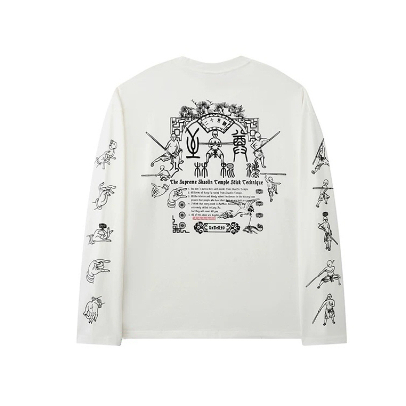 Under2 Supreme Shaolin Stick Fighting Style Loose Fit Pure Cotton Long Sleeve T-Shirt Base Layer Unisex Couple Style Trendy Brand