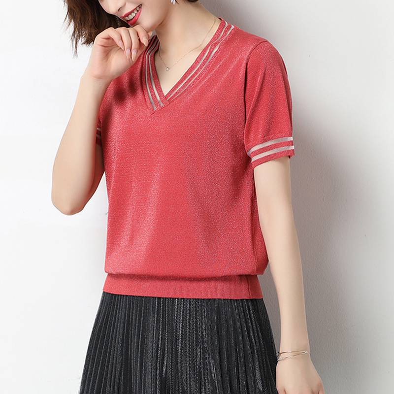 V-cổ lụa knitsweater băng t-shirt của phụ nữ mỏng với váy ngắn đầu mùa hè Hàn Quốc lụa lỏng tay áo ngắn T 桖