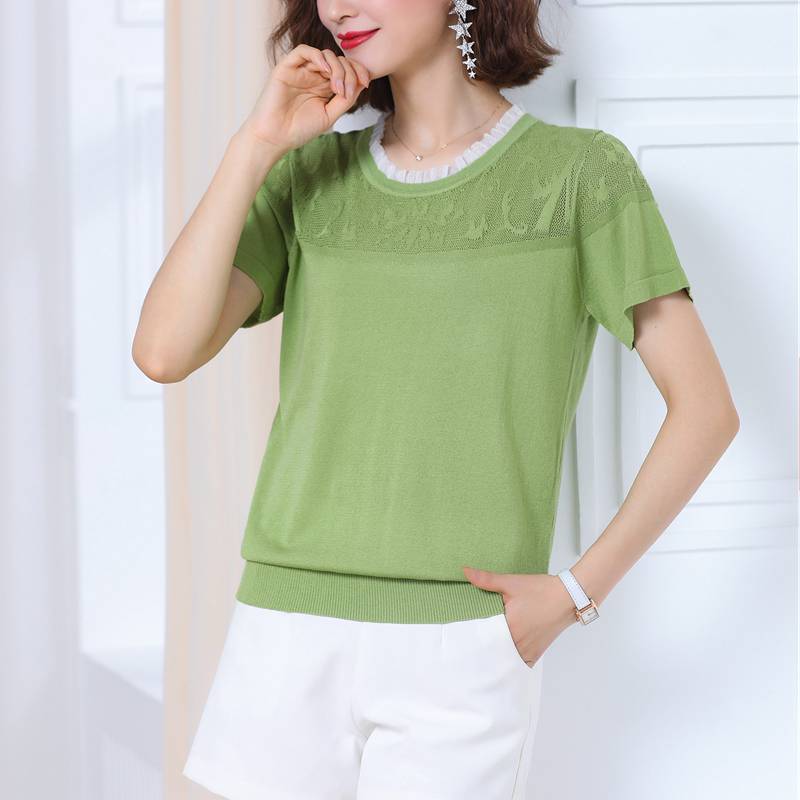 mùa hè mỏng ngắn tay t-shirt của phụ nữ lỏng lẻo với quần rộng chân lưng cao đầu một băng đan áo len ngắn rỗng