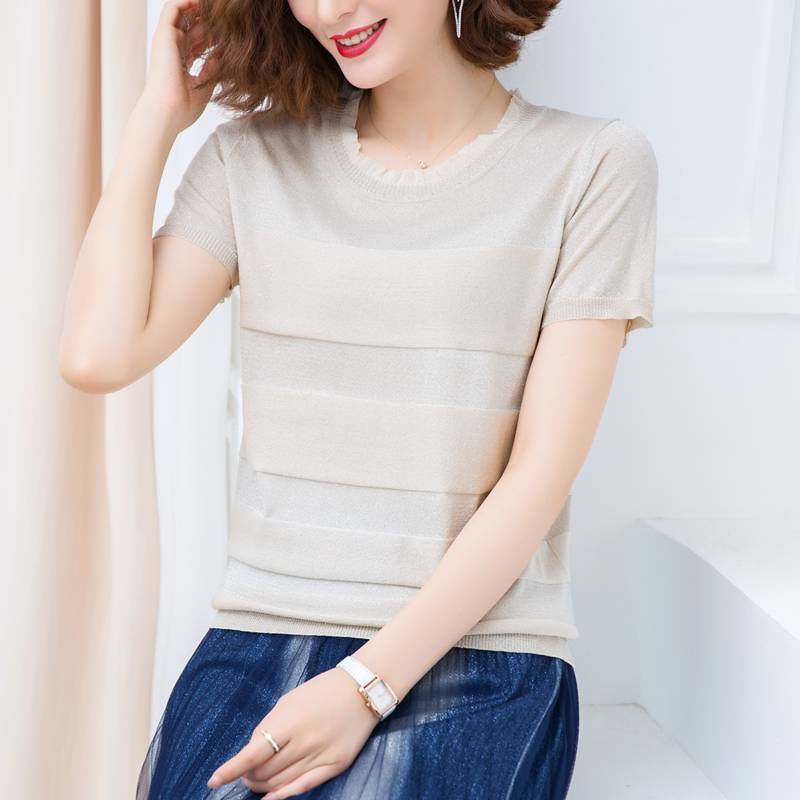 Ice-lụa ngắn thời trang mini-áo mùa hè mỏng ren quanh cổ phụ nữ knitsweater với váy kiểu sưng lên đầu