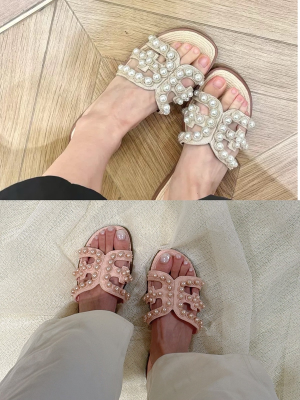 【New Pink Pearl Style】Pearl French-Style Hemp Rope Woven High-End Flat Slippers 【New Pink Pearl Style】Pearl French-Style Hemp Rope Woven High-End Flat Slippers