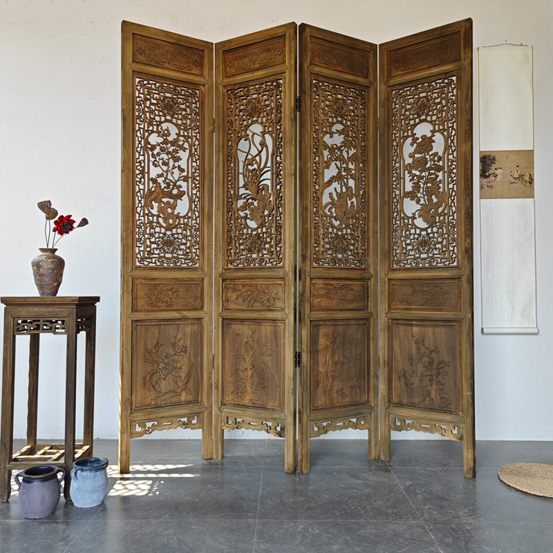 Chinese-Style Antique Screen, Distressed Solid Wood, Retro Foldable Movable Background Wall, Carved Lattice Partition, Entranceway Photography