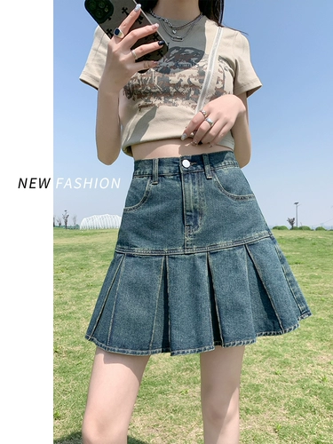 Летняя джинсовая юбка, ретро юбка в складку, высокая талия, А-силуэт
