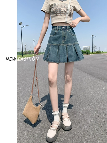 Летняя джинсовая юбка, ретро юбка в складку, высокая талия, А-силуэт