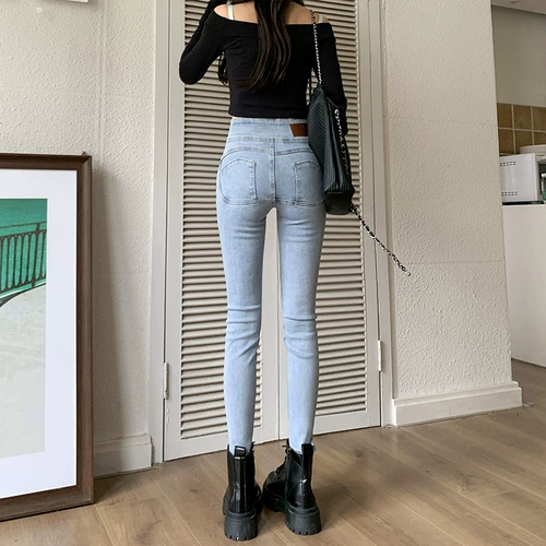 Осенние джинсы, штаны, синий весенний карандаш, в обтяжку, 2024 года, новая коллекция, высокая талия