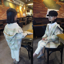 Foreign trade Korean childrens clothing 19 Winter British temperament fresh green large plaid cotton girl hooded woolen coat coat