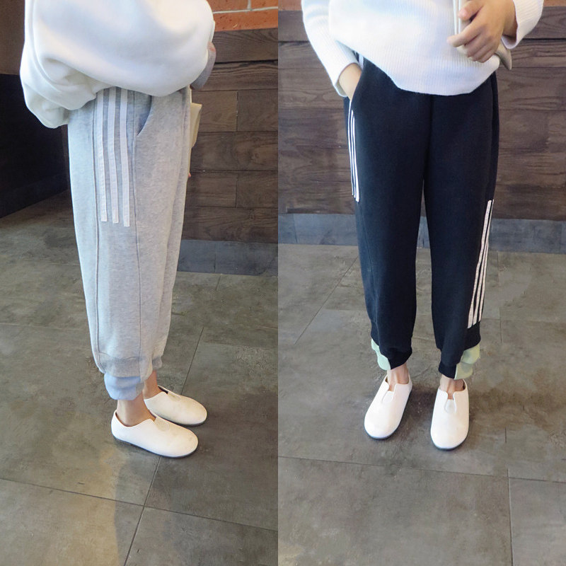 Foreign trade Korean children's clothing 19 winter minimalist casual 100 hitch pants feet collared and warm men and women sportswear pants long pants