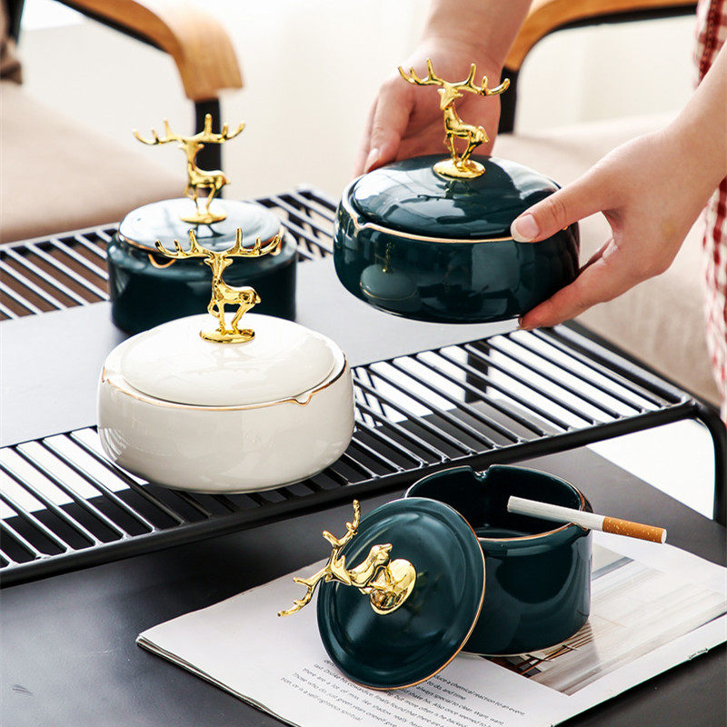 Nordic Ceramic Creative Ashtrays With Cover Elk Deer Home Living Room Office Multifunction Anti-Fly Dust Windproof Smoke Disc-Taobao