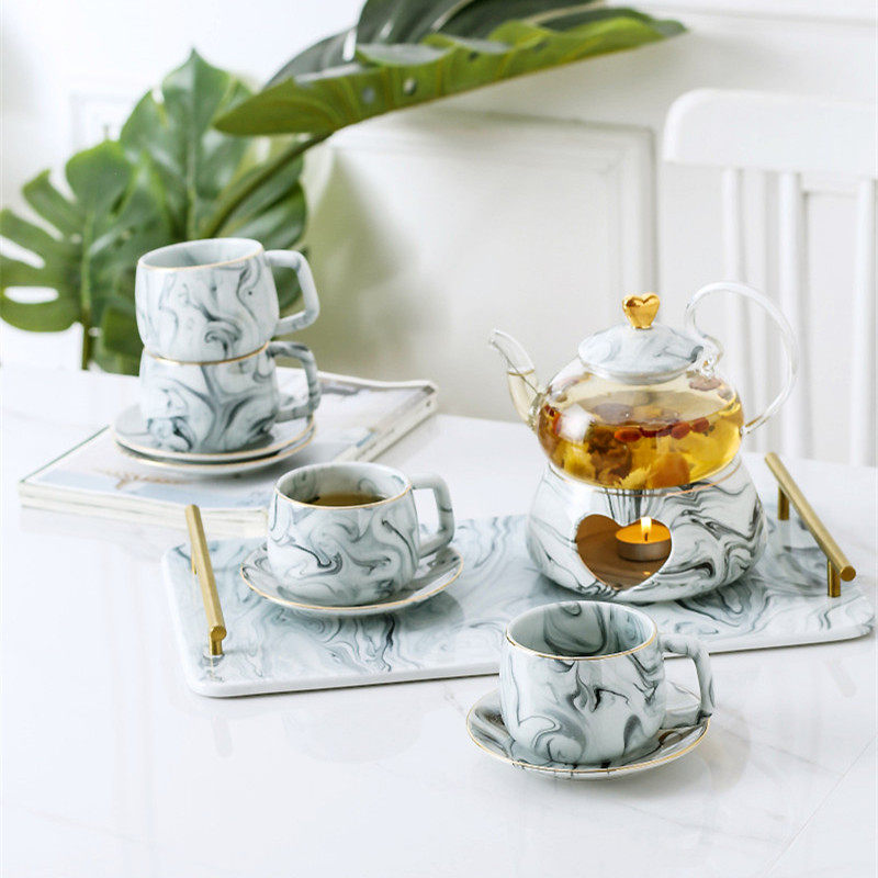 Nordic marble ceramic glass cooking flower teapot Danish fruit pot suit Instyle afternoon tea heating flower tea set